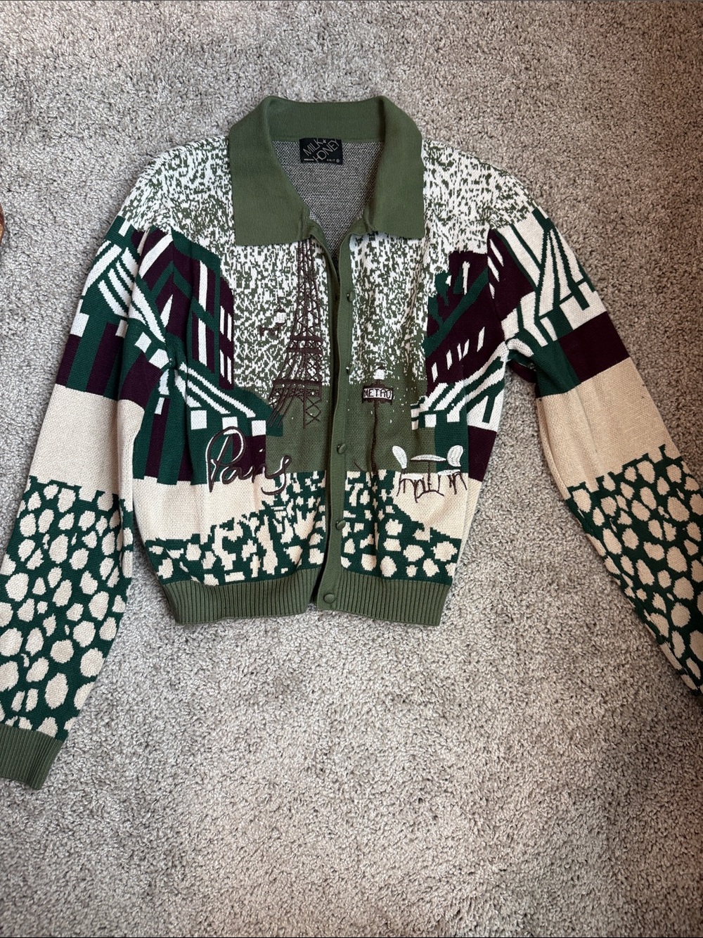 Patterned Knit Zip-Front Jacket in Olive, Cream & Burgundy